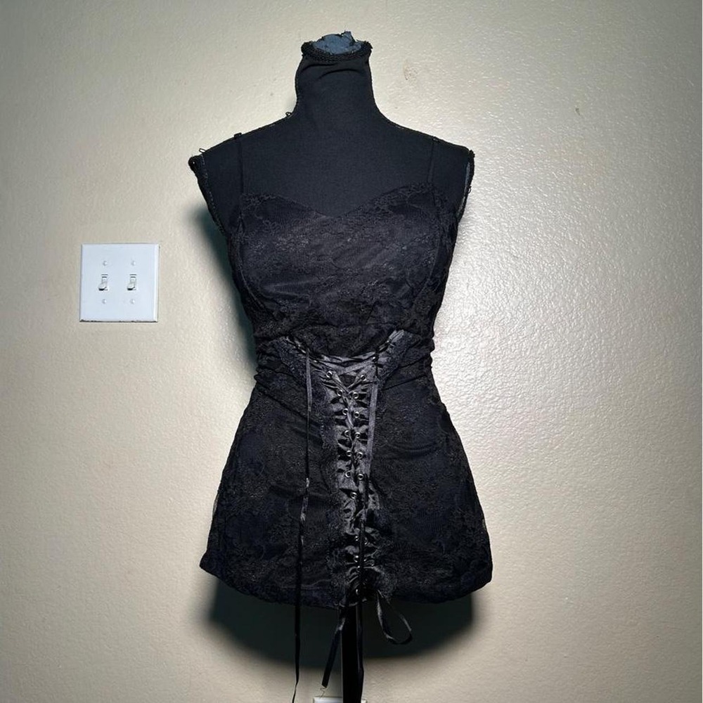 ToTo Collection 2000s Y2K Grunge Lace Up Corset Tank Top Cami Black Large